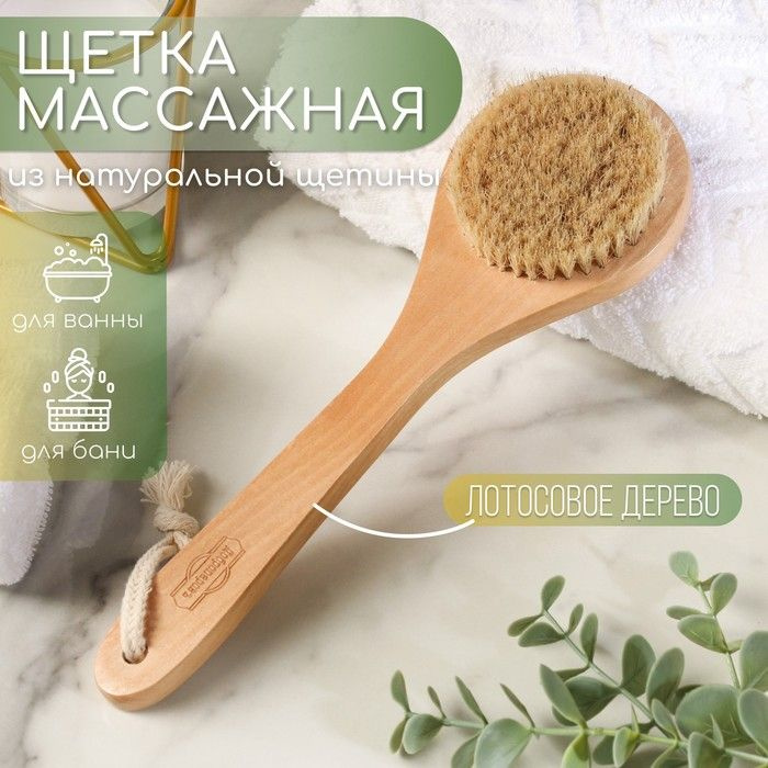 Щeтка массажная из натуральной щетины, с ручкой, гладкая  #1