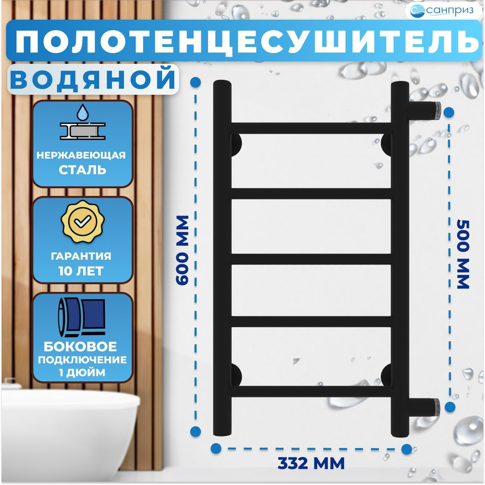 Полотенцесушитель водяной САНПРИЗ Аврора П5 300х600мм боковое подключение м/о 500 черный матовый форма #1