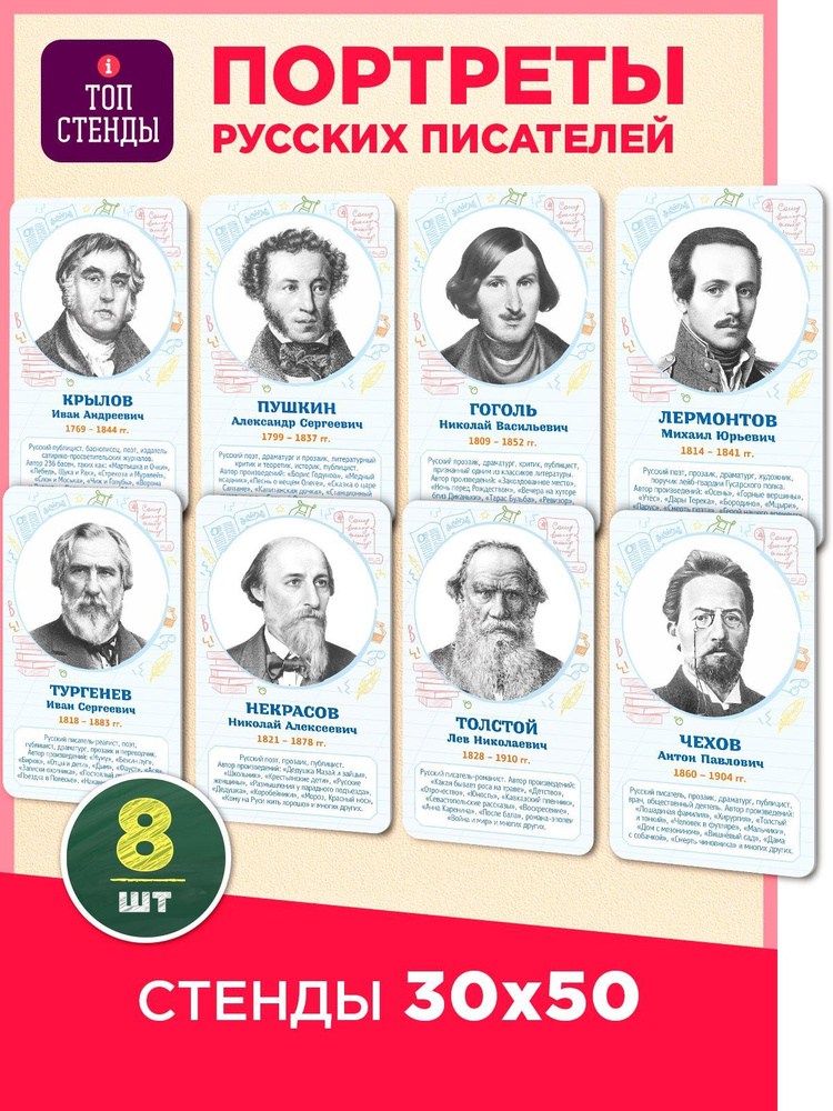 Топ Стенды / Комплект стендов в кабинет литературы русские писатели 8шт  #1