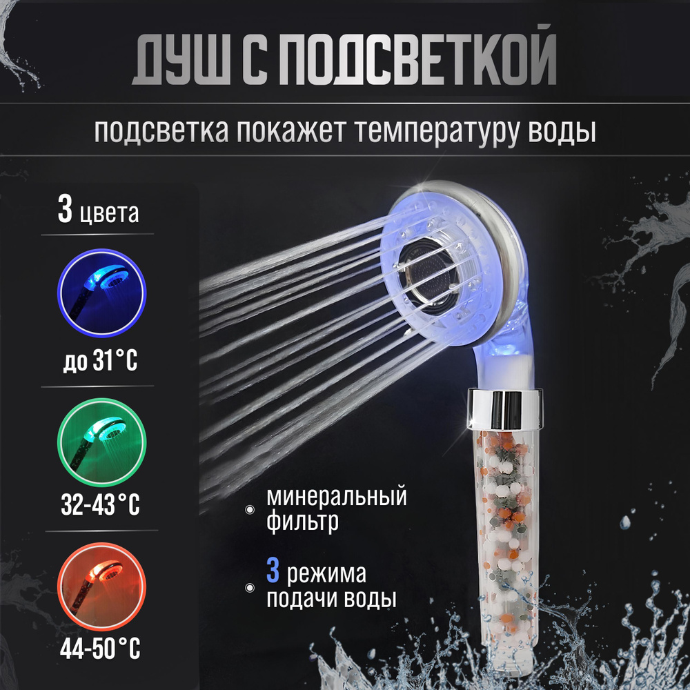 LED Лейка для душа с фильтром, 3 режима, датчик температуры  #1