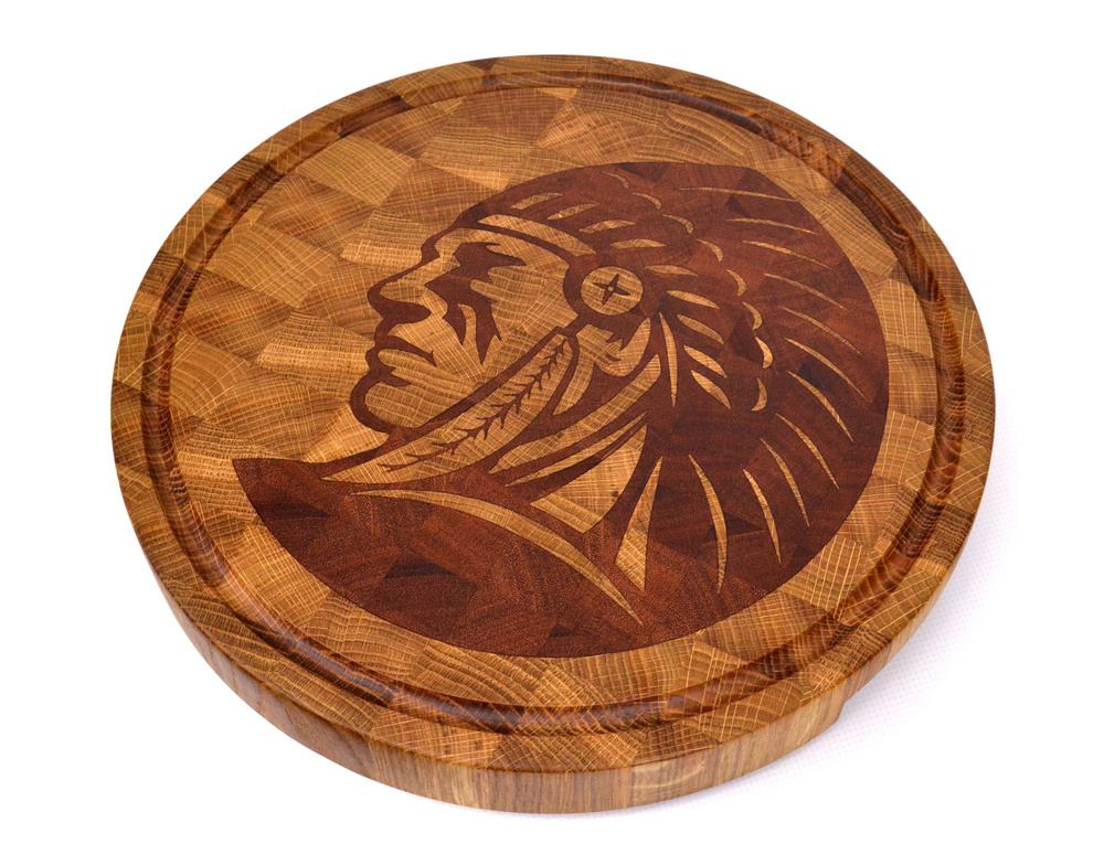 Торцевая доска "Индеец" Wooden Plate, 29 см, для разделки и сервировки, дуб/красное дерево махагон  #1