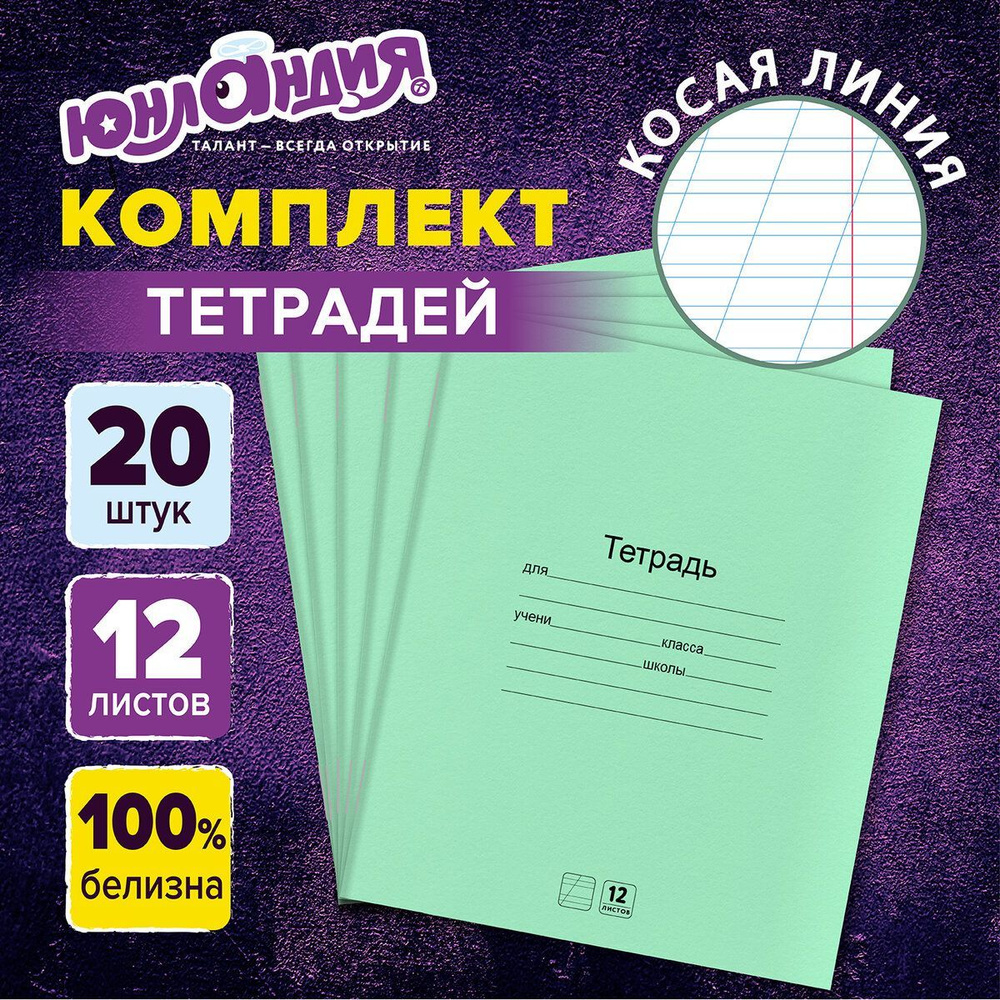 Тетрадь в косую линейку 12 листов набор 20 штук, для школы, Юнландия  #1