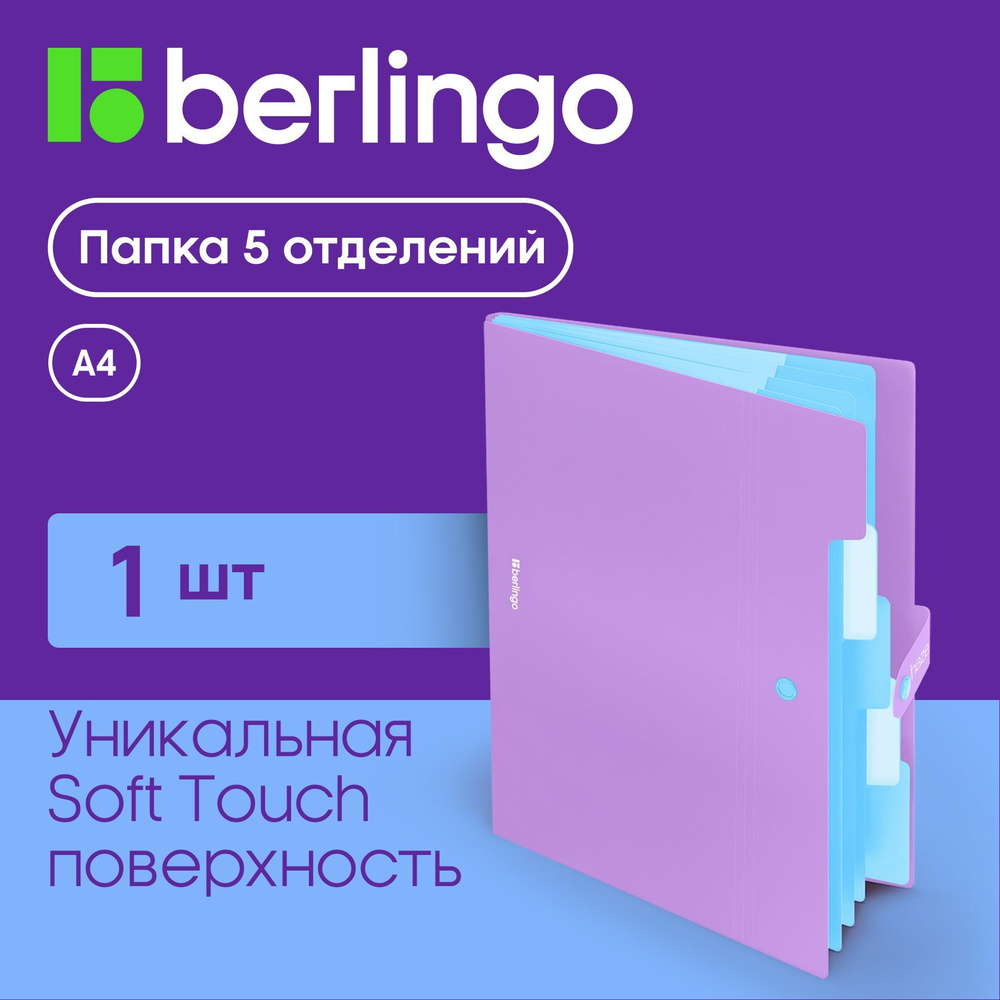 Папка органайзер для хранения документов на кнопке Berlingo Haze, семейная, 5 отделений, А4, сиреневая #1