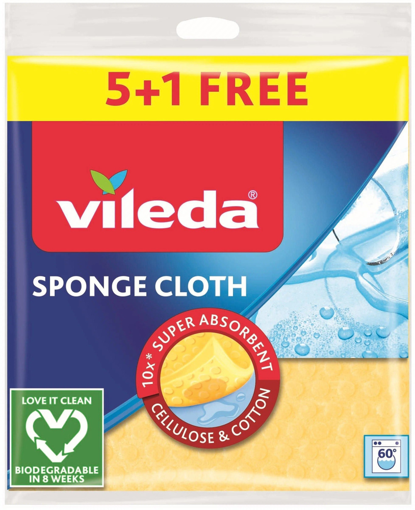 Vileda Sponge Cloth 5+1, губчатая салфетка, желтый/голубой/розовый, 6 шт/18х20см.  #1