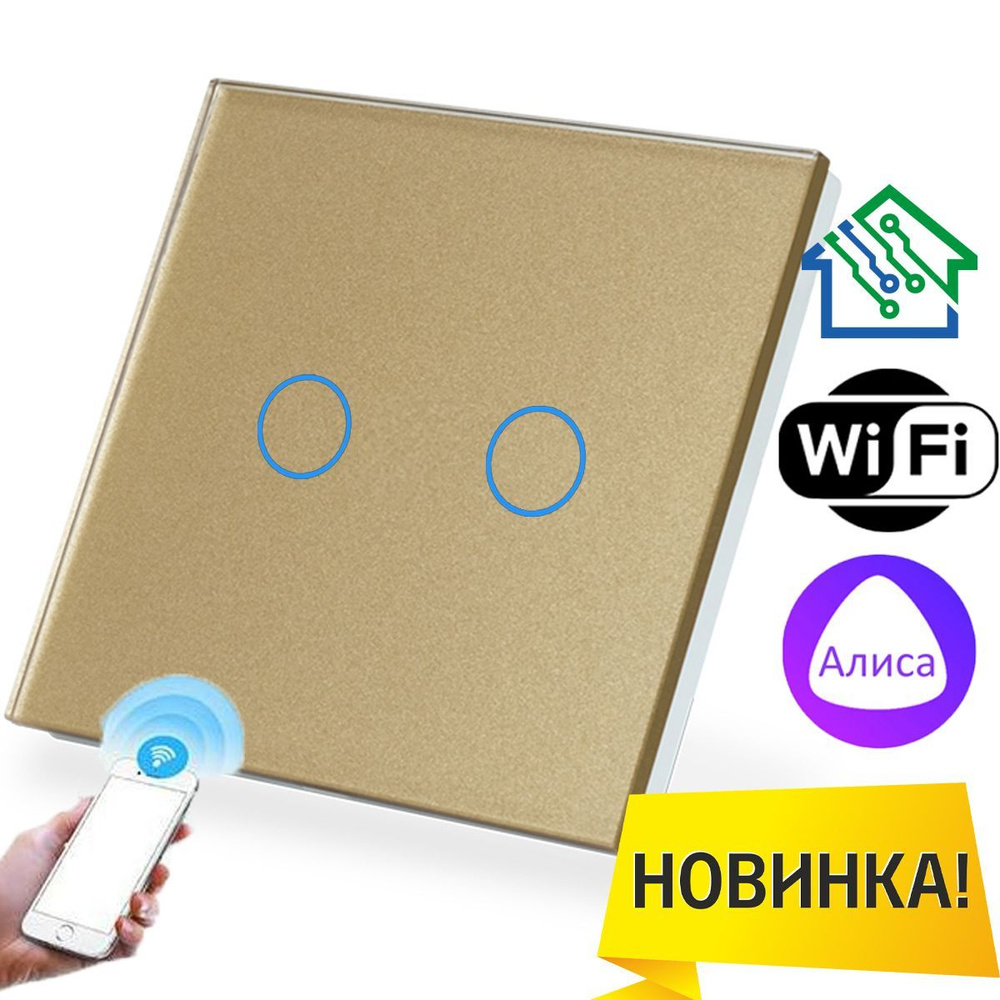 Умный сенсорный выключатель двухклавишный с WiFi FUJIHOME FHZ-005(6)G2GLD работает с Алисой  #1