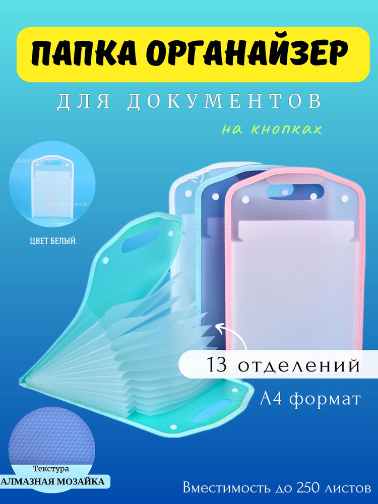 Папка органайзер для документов на кнопках с ручкой А4. Цвет белый  #1