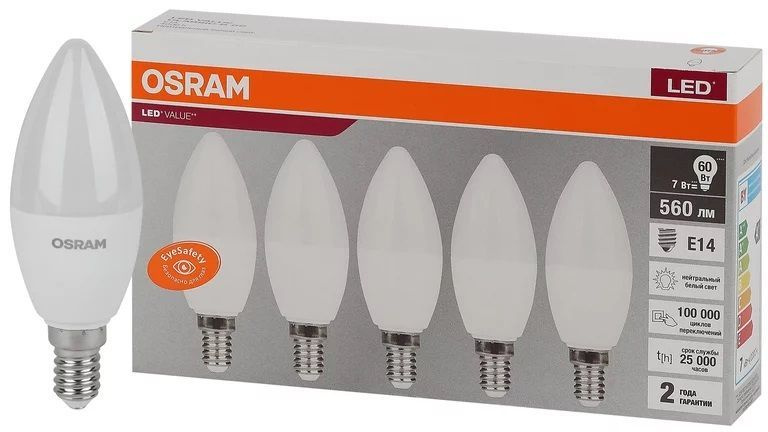 OSRAM Лампочка свеча, замена 60Вт, Нейтральный белый свет, E14, 7 Вт, 5 шт.  #1