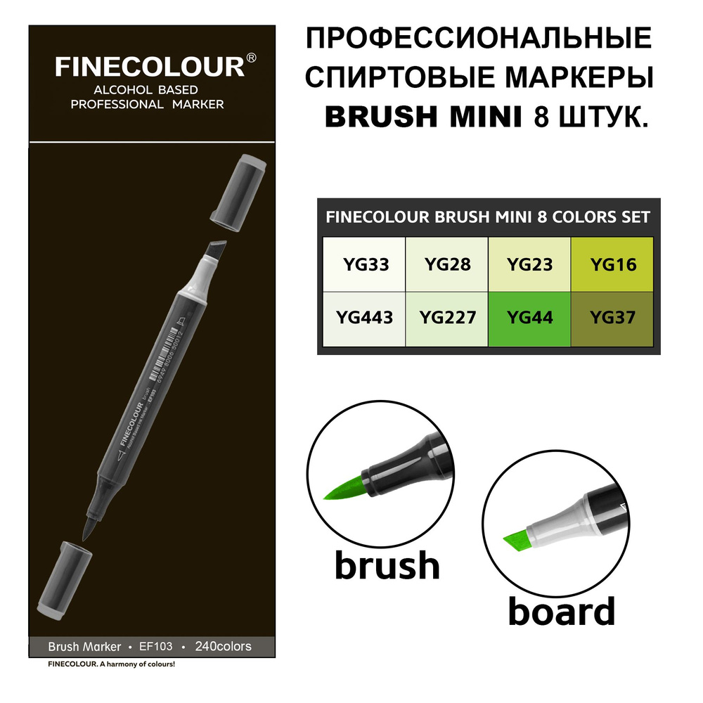 Спиртовые маркеры для скетчинга Finecolour Brush mini SET YG, 8 шт. #1