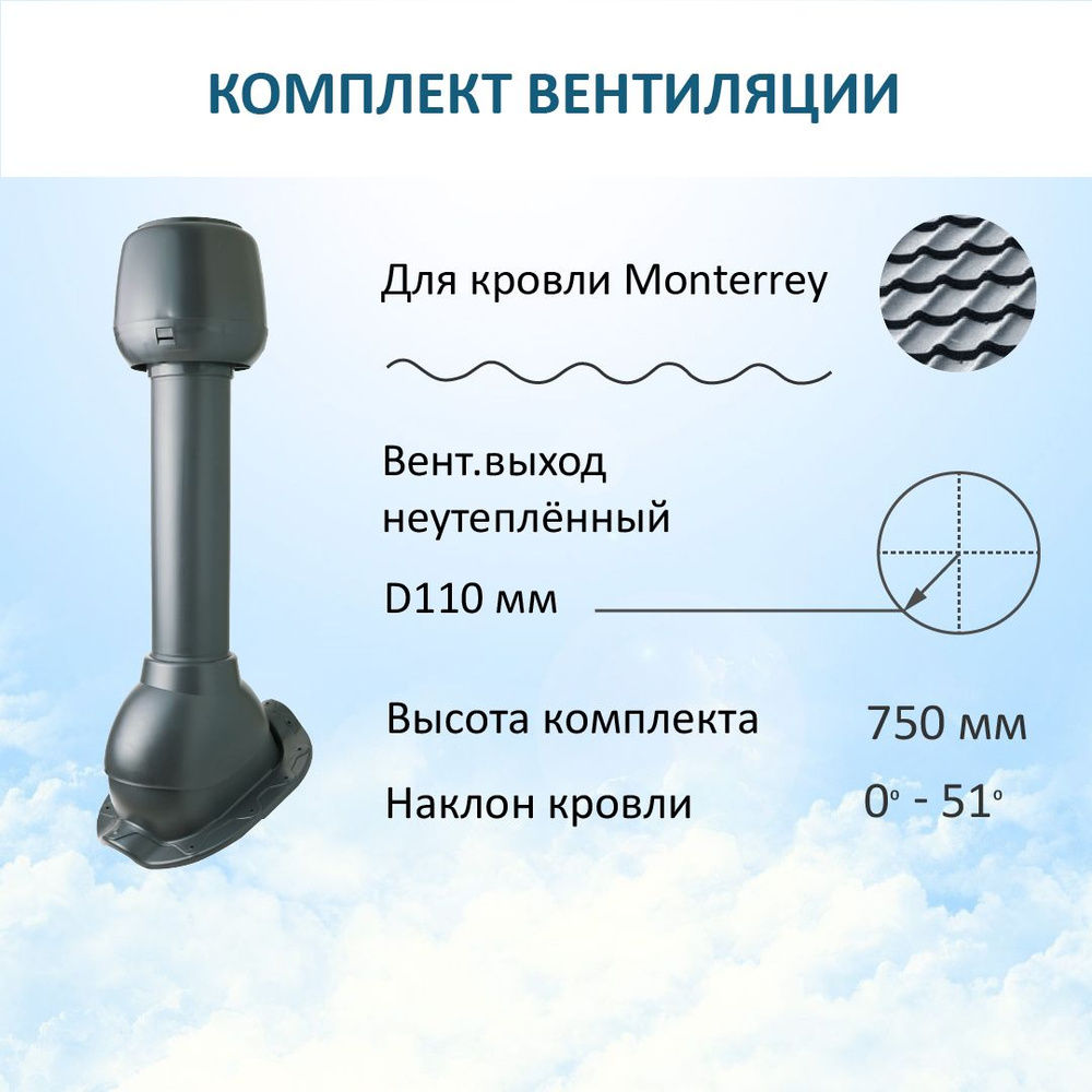 Комплект вентиляции: Колпак D110, вент. выход 110, для металлочерепицы Monterrey, серый  #1