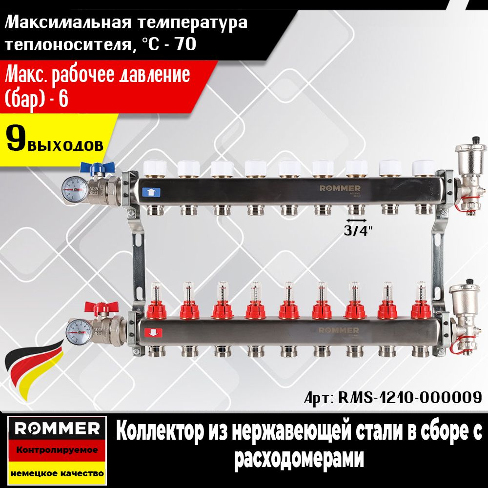 Коллектор из нержавеющей стали ROMMER в сборе (9 выходов) с расходомерами, двумя концевыми фитингами #1