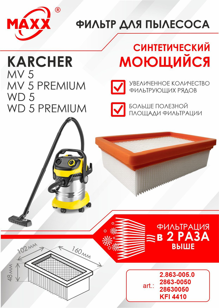 Плоский складчатый фильтр синтетический, моющийся для пылесоса Karcher MV 5, MV 5 Premium, Karcher WD #1