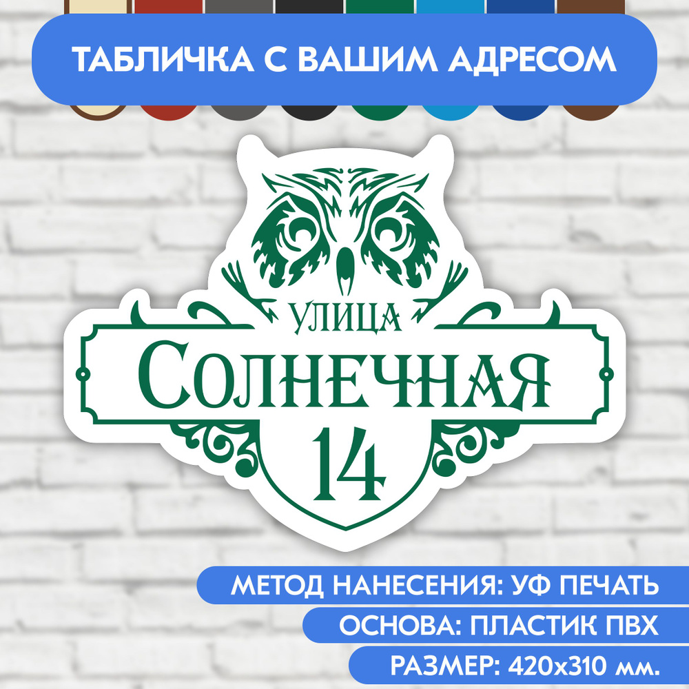 Адресная табличка на дом 420х310 мм. "Домовой знак Сова", бело- зелёная, из пластика, УФ печать не выгорает #1