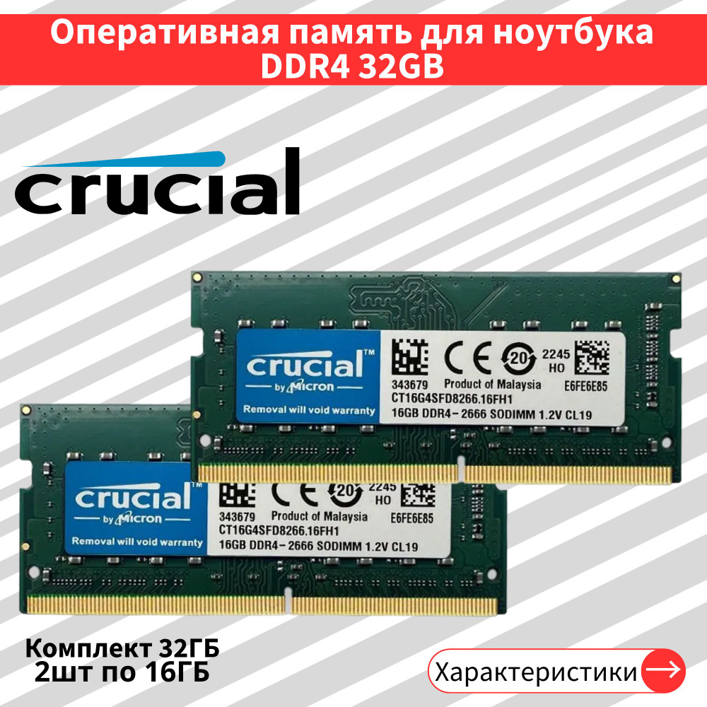 Оперативная память DDR4 2шт по 16GB 2666 MHz 1.2V CL19 SODIMM 2x16 ГБ (CT16G4SFD8266.16FH1)  #1