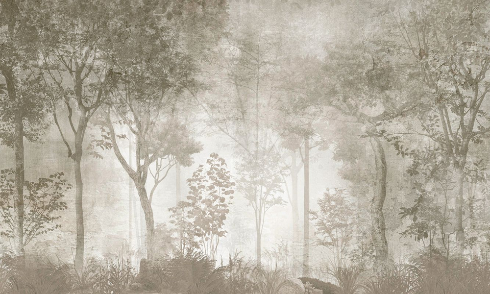Фотообои флизелиновые на стену 3д GrandPik 10306, Лофт "Лес, деревья в тумане, винтаж" 500х300 см(Ширина #1