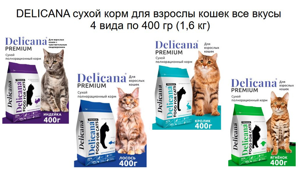 DELICANA сухой корм для взрослы кошек все вкусы 4 вида по 400 гр (1,6 кг)  #1