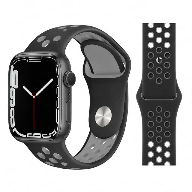 Ремешок силиконовый перфорированный Sport NK для Apple Watch 42/44/45/49 мм, 235мм, на кнопке, черный+серый #1