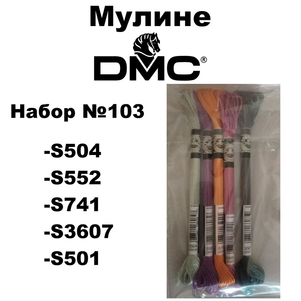 Нитки мулине DMC Embroidery сатин для вышивания / Набор №103 / цвета S504, S552, S741, S3607, S501  #1