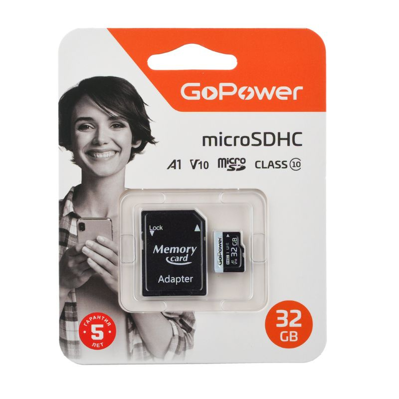 Карта памяти microSD GoPower 32GB Class10 60 МБ/сек V10 с адаптером #1