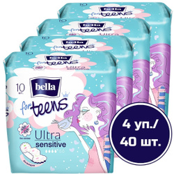 Прокладки женские ультратонкие bella for teens ultra Sensitive с крылышками для критических дней, 10 шт.х 4 уп./ 40 шт. Ультратонкие прокладки bella for teens