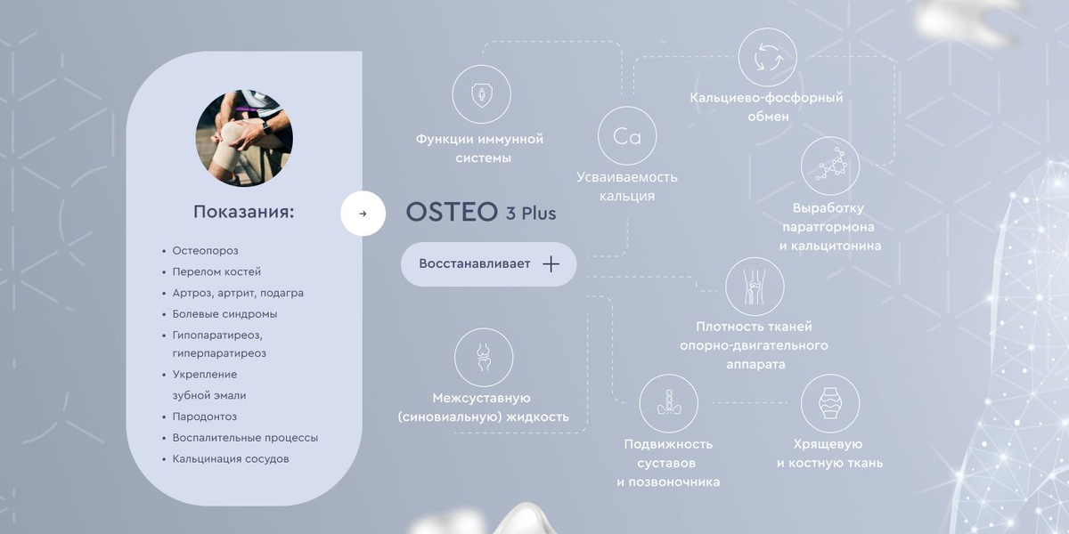 Показания: ●Остеопороз ●Перелом костей ●Артроз, артрит, подагра ●Болевые синдромы ●Гипопаратиреоз, гиперпаратиреоз ●Укрепление зубной эмали ●Пародонтоз ●Воспалительные процессы ●Кальцинация сосудов  Восстанавливает: ●Функции иммунной системы ●Межсуставную жидкость ●Усваиваемость кальция ●Подвижность суставов и позвоночника ●Хрящевую и костную ткань ●Плотность тканей опорно-двигательного аппарата ●Выработку паратгормона и кальцитонина ●Кальциево-фосфорный обмен