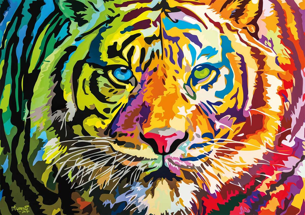 Алмазная мозаика PaintFactory "Разноцветный тигр" 40х50, на подрамнике.  #1