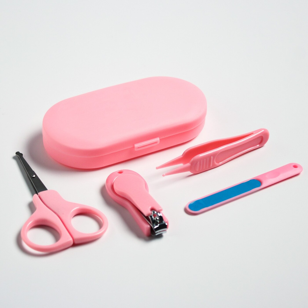 Детский маникюрный набор, ножницы, книпсер, пилка, пинцет, цвет розовый  #1