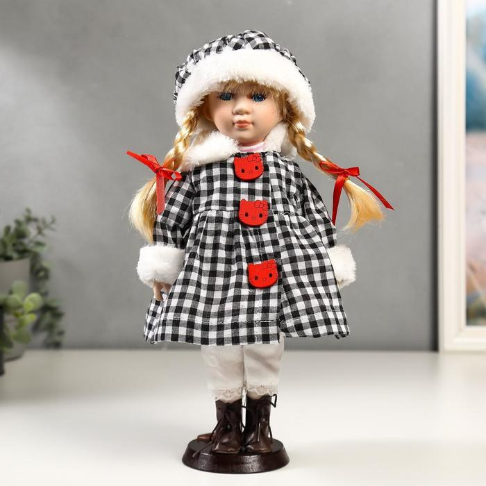 Кукла коллекционная керамика "Злата в пальто в клеточку с красными пуговицами" 30 см  #1
