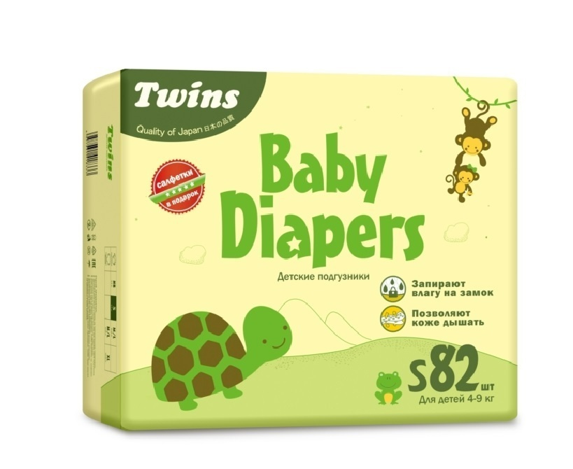 Детские Подгузники Twins, S, 4-9 кг, 82 шт, Салфетки Twins 80 шт #1