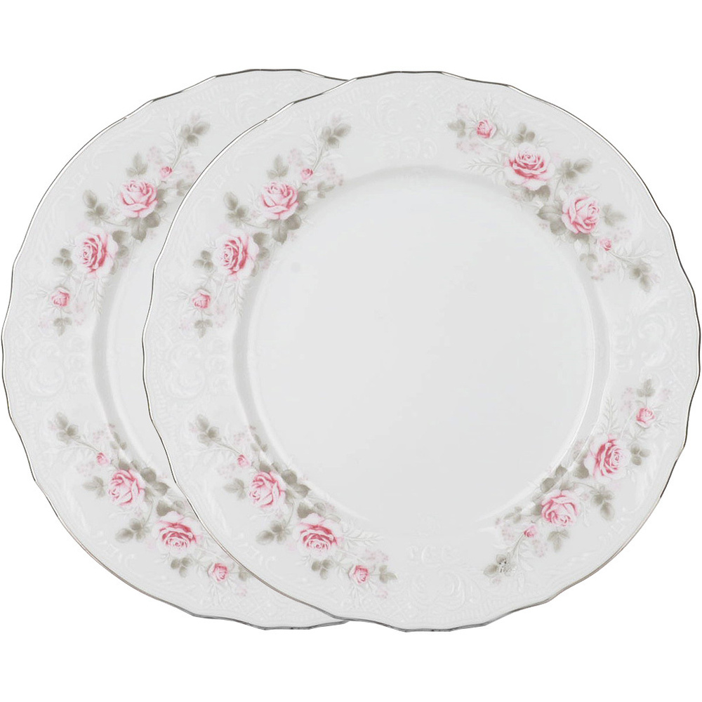 Набор тарелок десертных обеденных 21 см на 2 персоны Бернадотт Бледные розы платина, фарфор, мелкие белые, #1