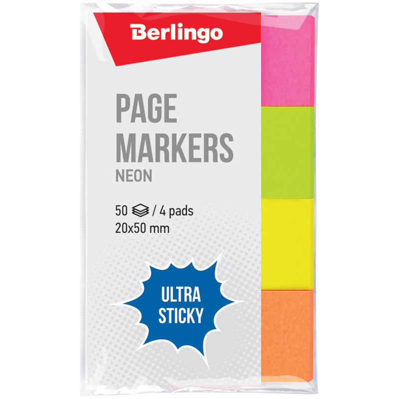 Клейкие закладки бумажные Berlingo Ultra Sticky, 4 неоновых цвета по 50л., 20x50мм (LSz_41002)  #1