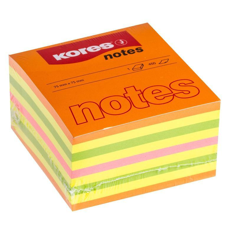 Бумага для заметок с клейким краем Kores 75х75 мм неоновые 4 цвета 1 блок, 450 листов, стикеры клеевые, #1