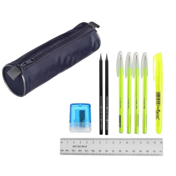 Набор канцелярский 10 предметов (Пенал-тубус 65 х 210 мм, ручки 4 штуки цвет синий, линейка 15 см, точилка, #1