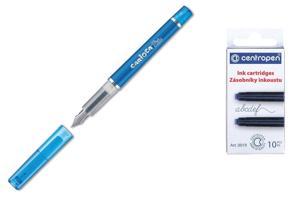Ручка перьевая синяя CARIOCA "Stilo", 3 синих картриджа в блистере с ручкой + 10 синих картриджей CENTROPEN #1