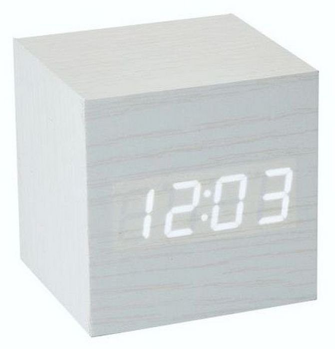 Настольные электронные часы Деревянный куб. Будильник, температура, работа от батареек и сети. Белые #1