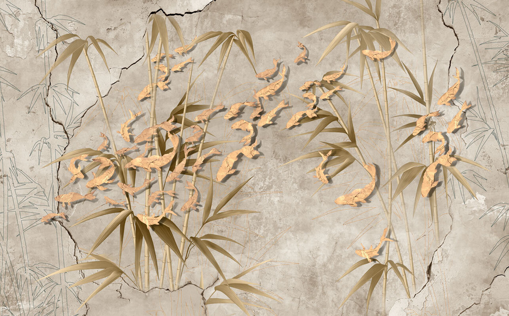 Фотообои флизелиновые на стену 3д GrandPik 17149 "Золотые рыбки в бамбуке", (ШхВ) 450х280 см  #1
