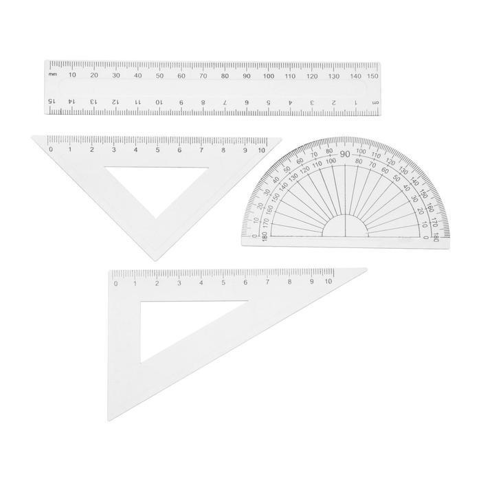 Набор чертежный 4 предмета (линейка 15 см, треугольник11 см/ 30*и 5 см/ 45*, транспортир) прозрачный #1