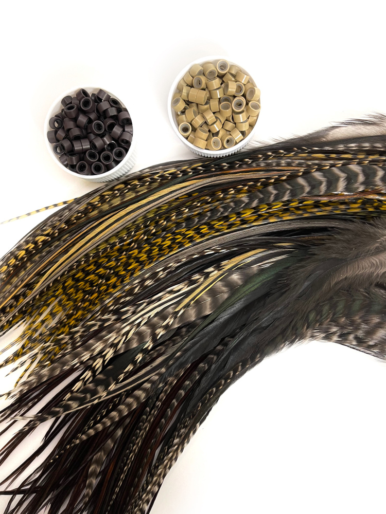 PtashkaHair Перья в волосы S (12-20 см) натуральный цвет, набор 10 перьев, 10 капсул, петля  #1