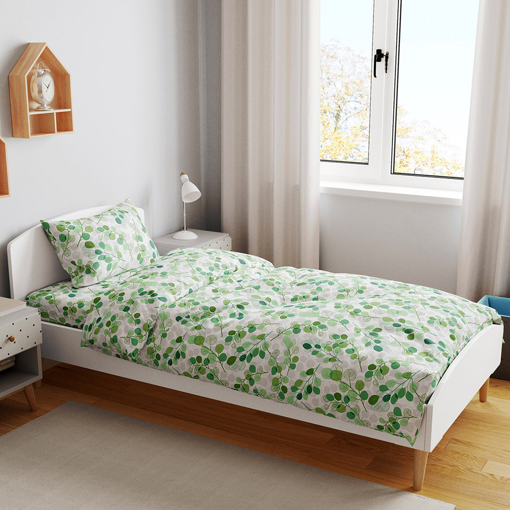 Постельное белье, комплект 1,5 спальный "Эвкалипт, зеленый б/з", 3 предмета  #1