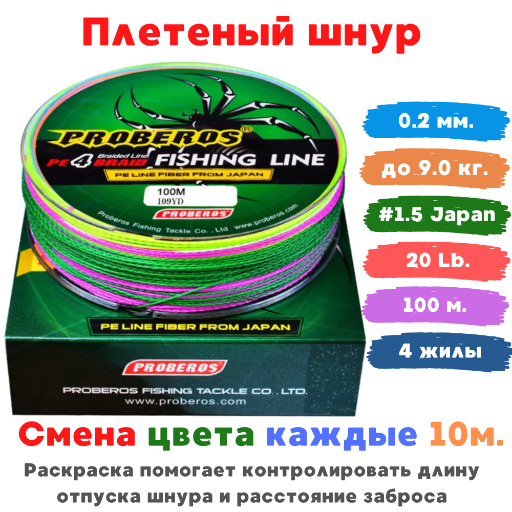 Шнур 100 м. плетёный 0,2 мм (1.5 по японии) до 9.0кг. (20 lb) четырёхжильный (4 жилы) PROBEROS для рыбалки, #1