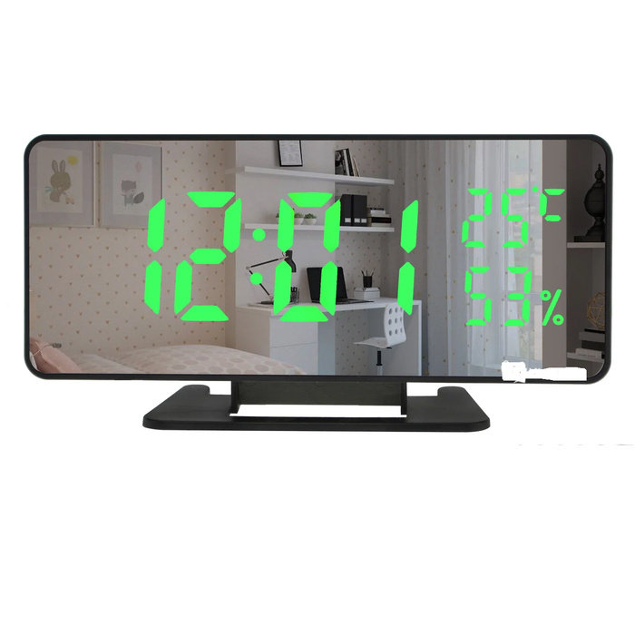 Часы будильник электронные настольные зеркальные, дисплей зеленый  #1