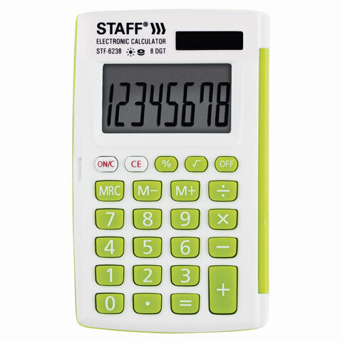 Калькулятор карманный STF-6238 (104х63 мм), 8 разядов, двойное питание, БЕЛЫЙ С ЗЕЛЁНЫМИ КНОПКАМИ, блистер, #1