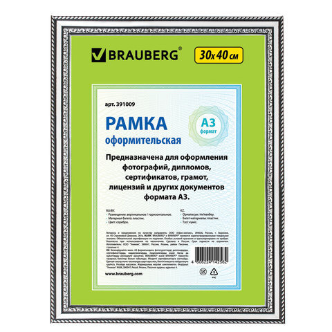 Рамка пластиковая 30х40 см, багет 30 мм, "HIT4", серебро, стекло, 391009  #1