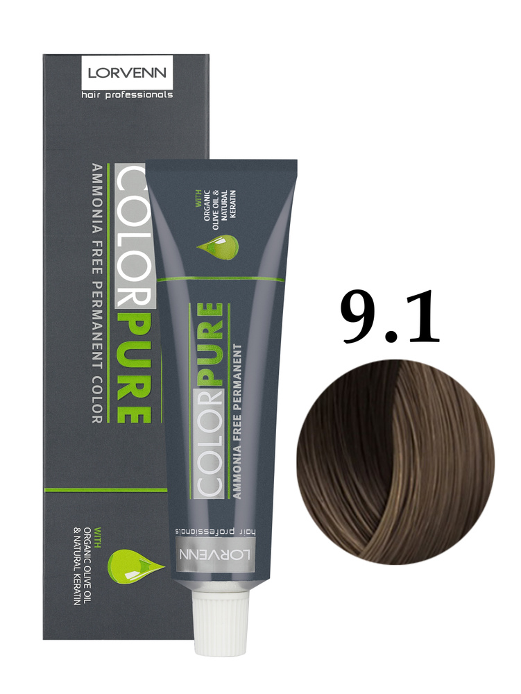 LORVENN HAIR PROFESSIONALS Краска COLOR PURE для окрашивания волос 9.1 светлый блонд пепельный 50 мл #1