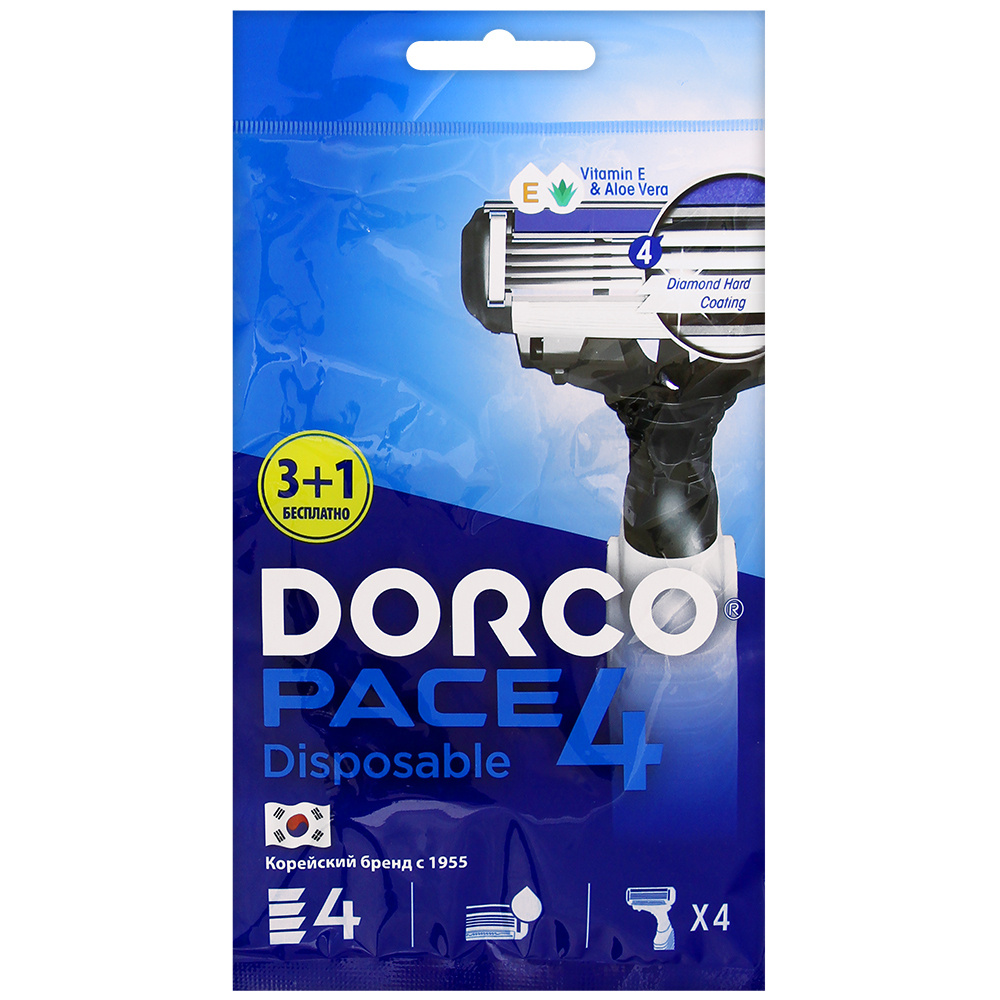 DORCO PACE 4 Одноразовые бритвенные станки 4 лезвия, плавающая головка, увлажняющая полоса, 4 шт  #1