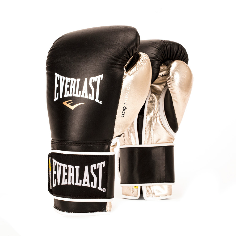 Боксерские перчатки тренировочные, натуральная кожа Everlast Powerlock - Черный/Золотой (14 oz). Товар #1