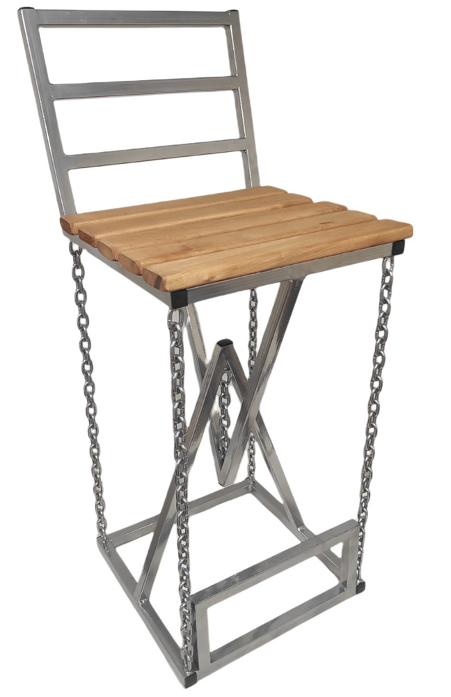 Барный стул на цепях Лофт с деревянным сиденьем, (высота сиденья 67 см), каркас серый металлик  #1