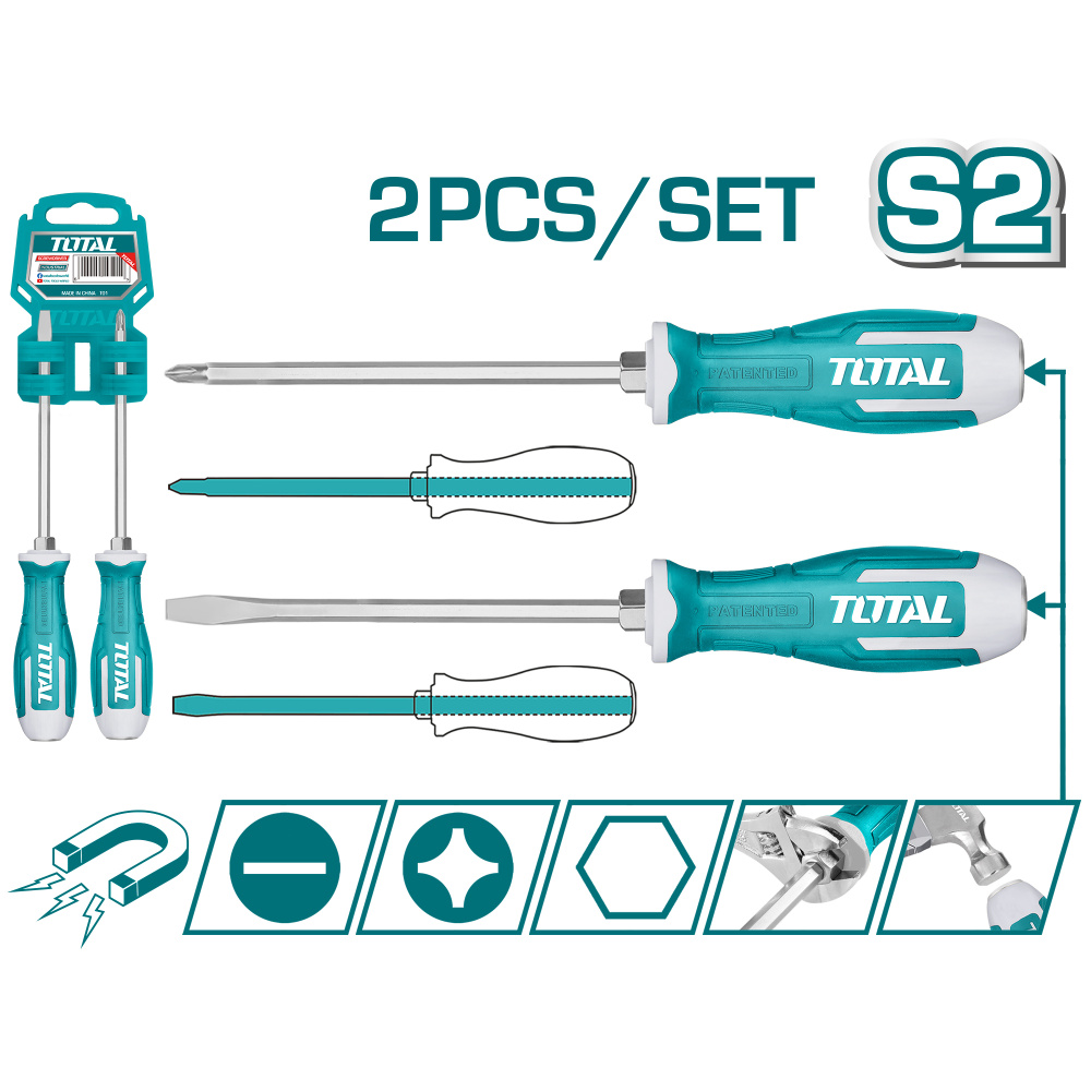 Набор ударных отверток 2 шт (SL6.5*6*125, PH2*6*125), сталь S2 TOTAL #1
