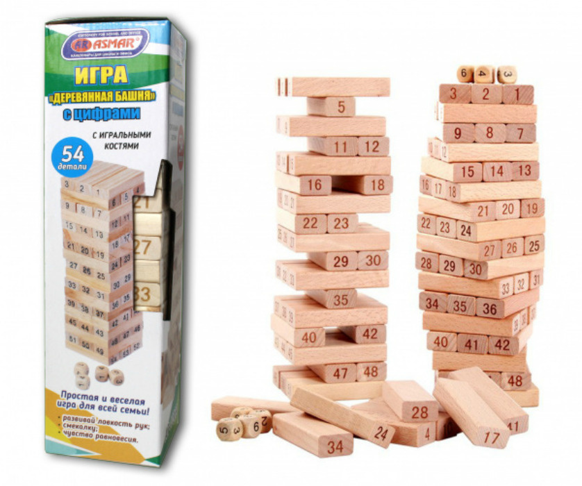 Настольная игра "Деревянная башня", 27 см, с цифрами и игральными костями  #1