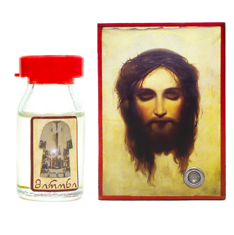 Масло с миро из Светицховели от Хитона Господня с иконой "Иисус моргающий"  #1