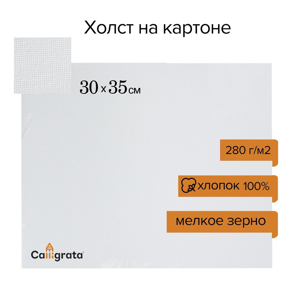 Холст на картоне хлопок 280 г/м2, 30 х 35 см, ширина 3 мм, акриловый грунт, мелкое зерно, для рисования #1